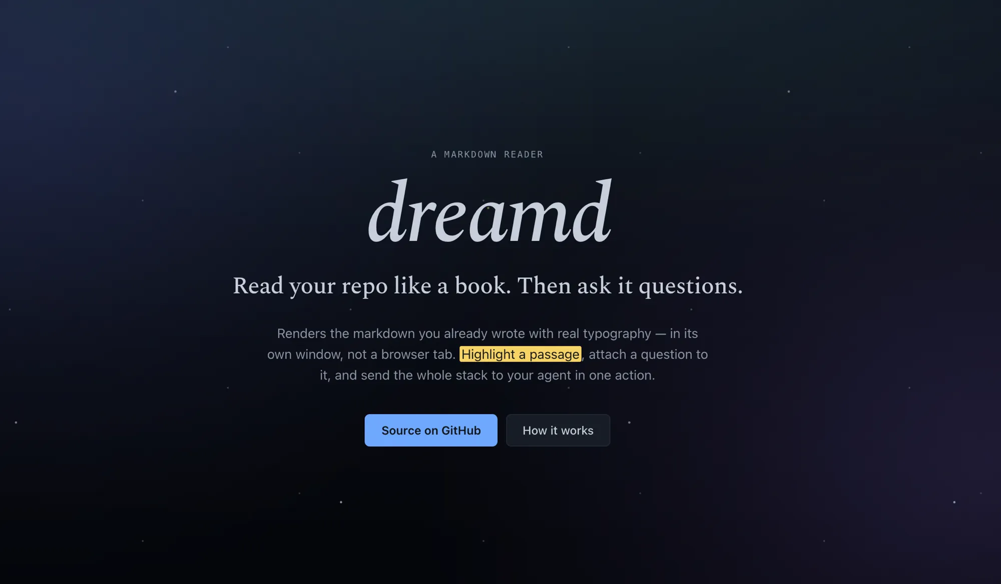 dreamd landing page: 'Read your repo like a book. Then ask it questions.'