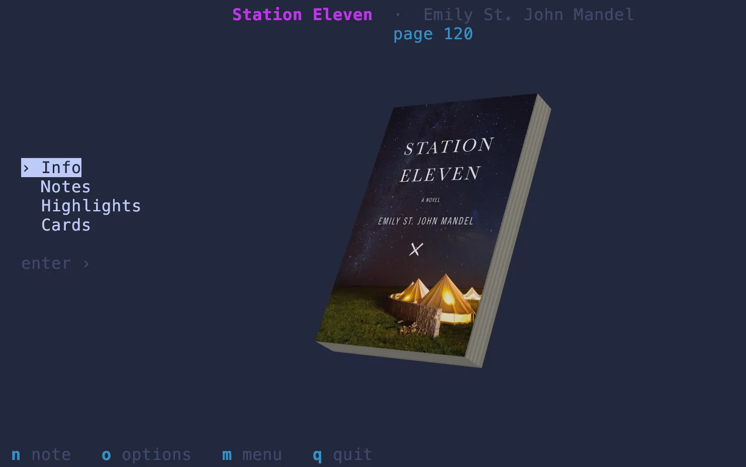 readingbuddy TUI showing the ray-traced 3D book cover beside the Info/Notes/Highlights/Cards menu
