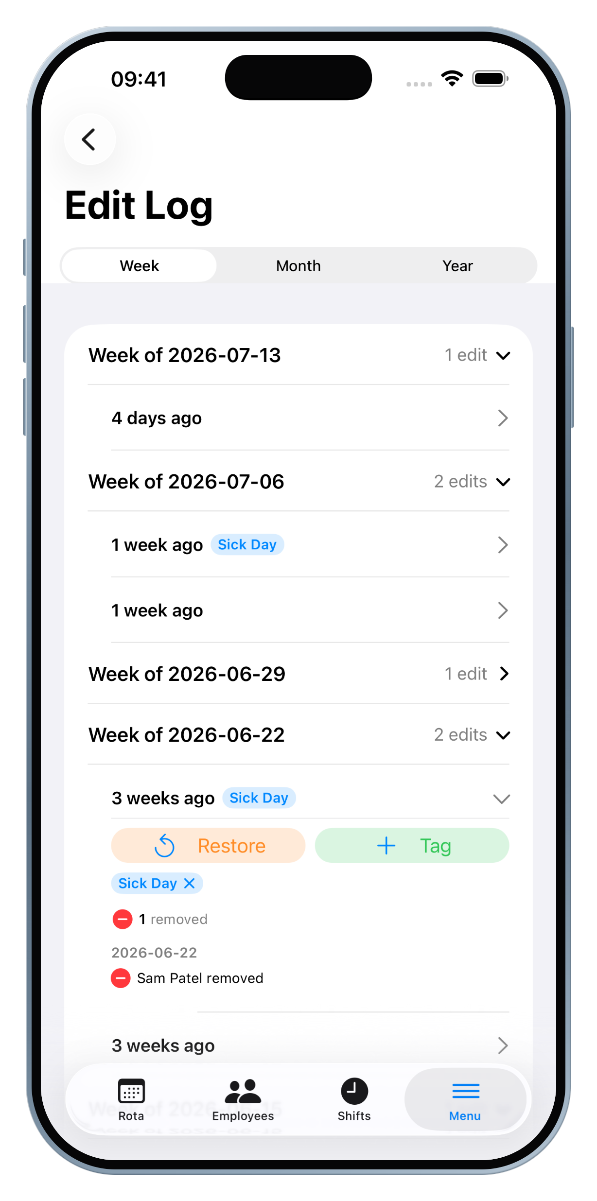 Edit Log timeline screen