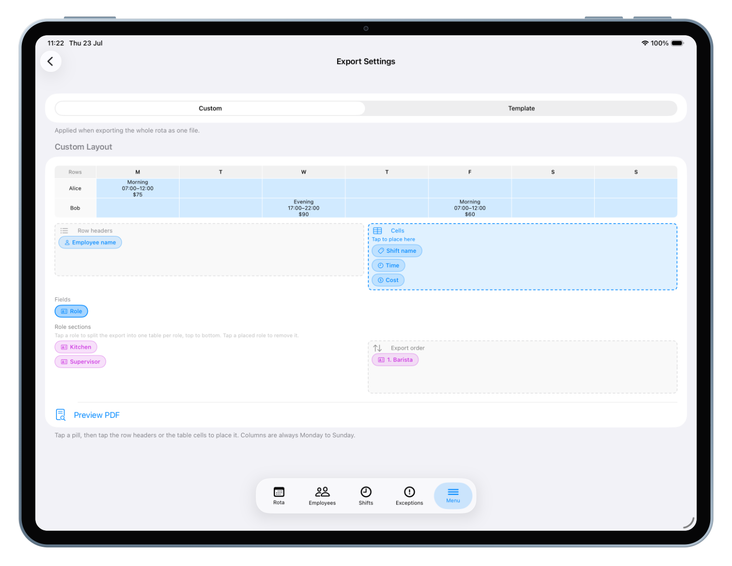 Export settings on iPad