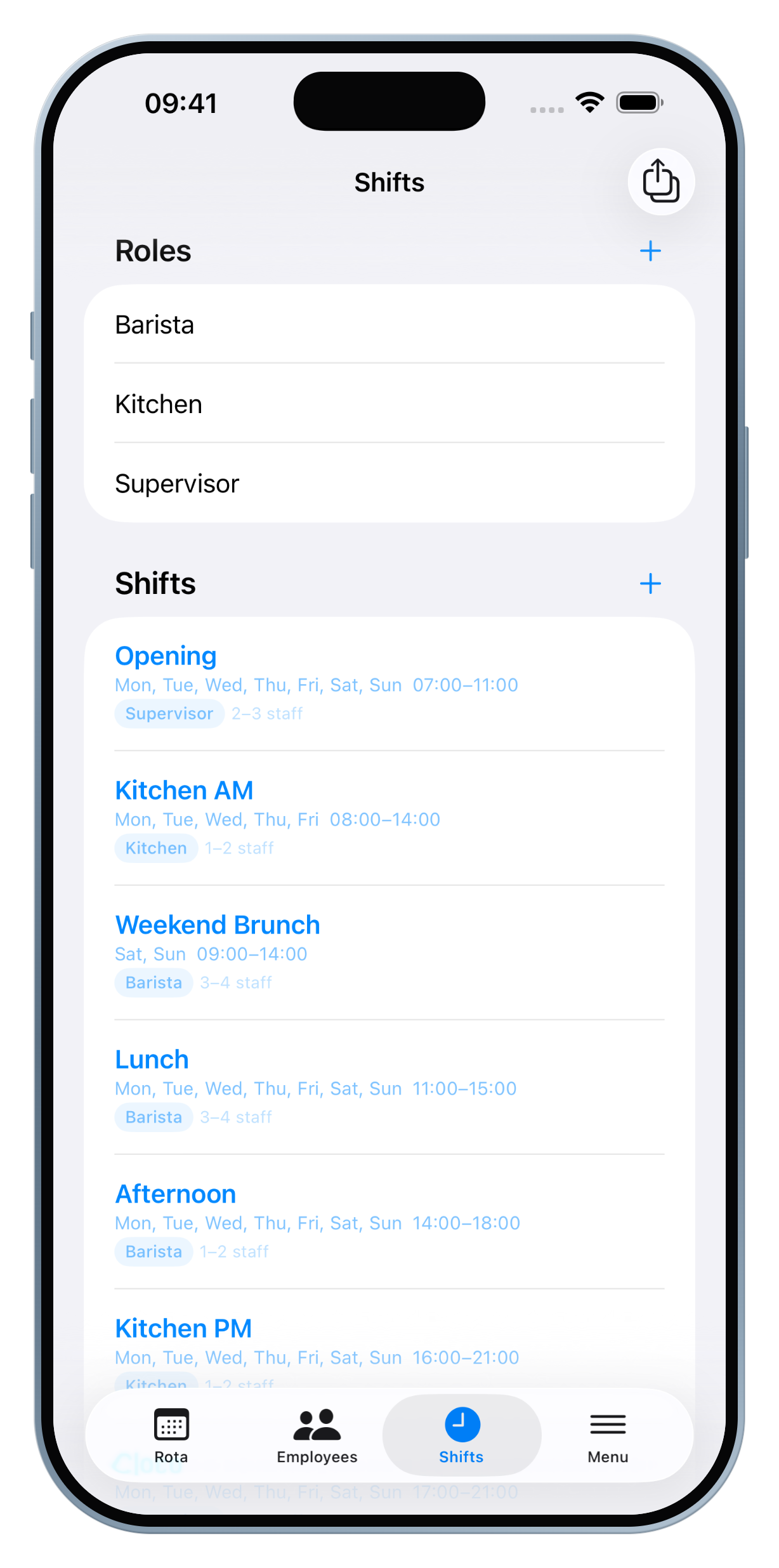Shift setup screen