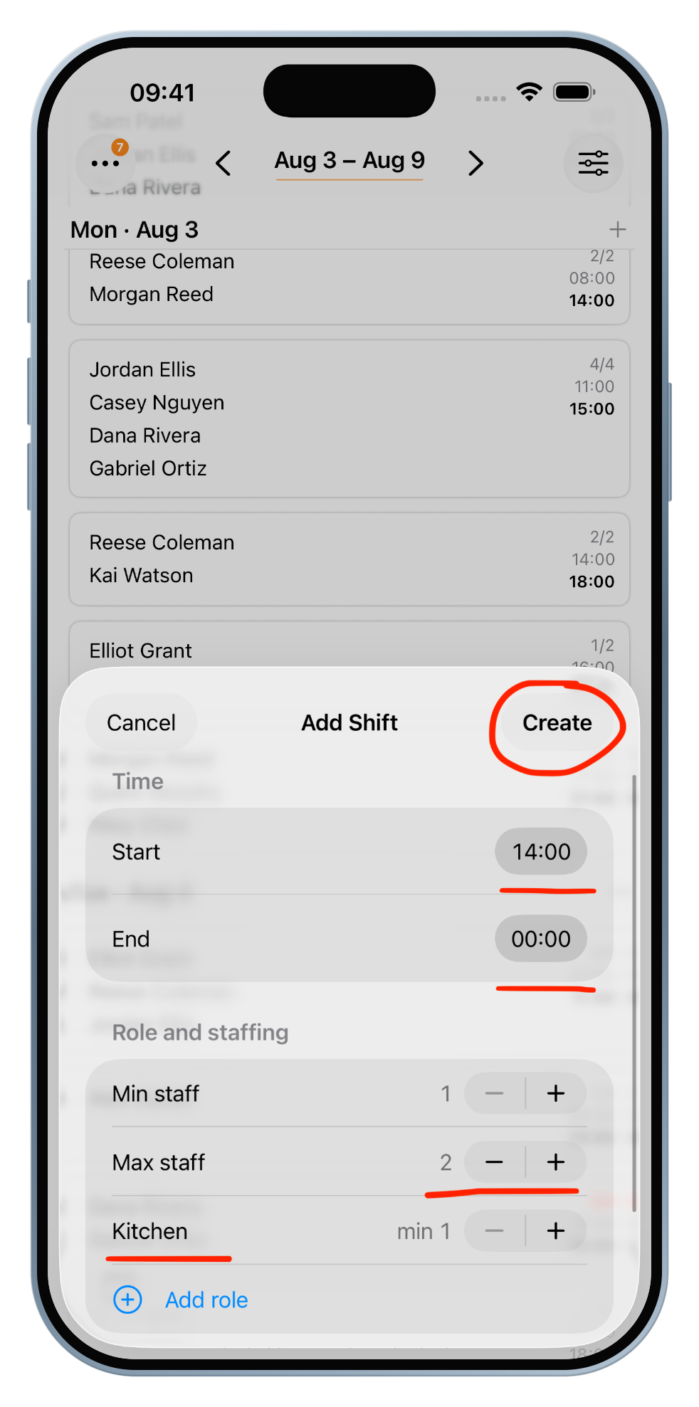 Set Start 14:00, End 00:00, Max staff 2, and add a Kitchen role, then tap Create.