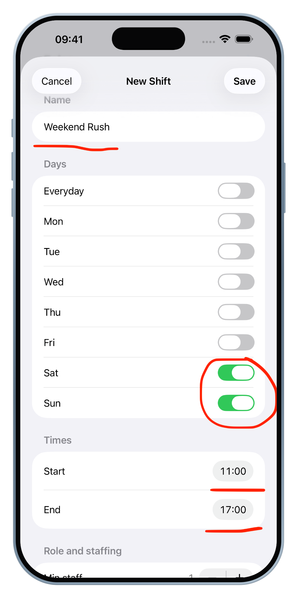 Name the shift, toggle Sat and Sun under Days, and set Start and End times.