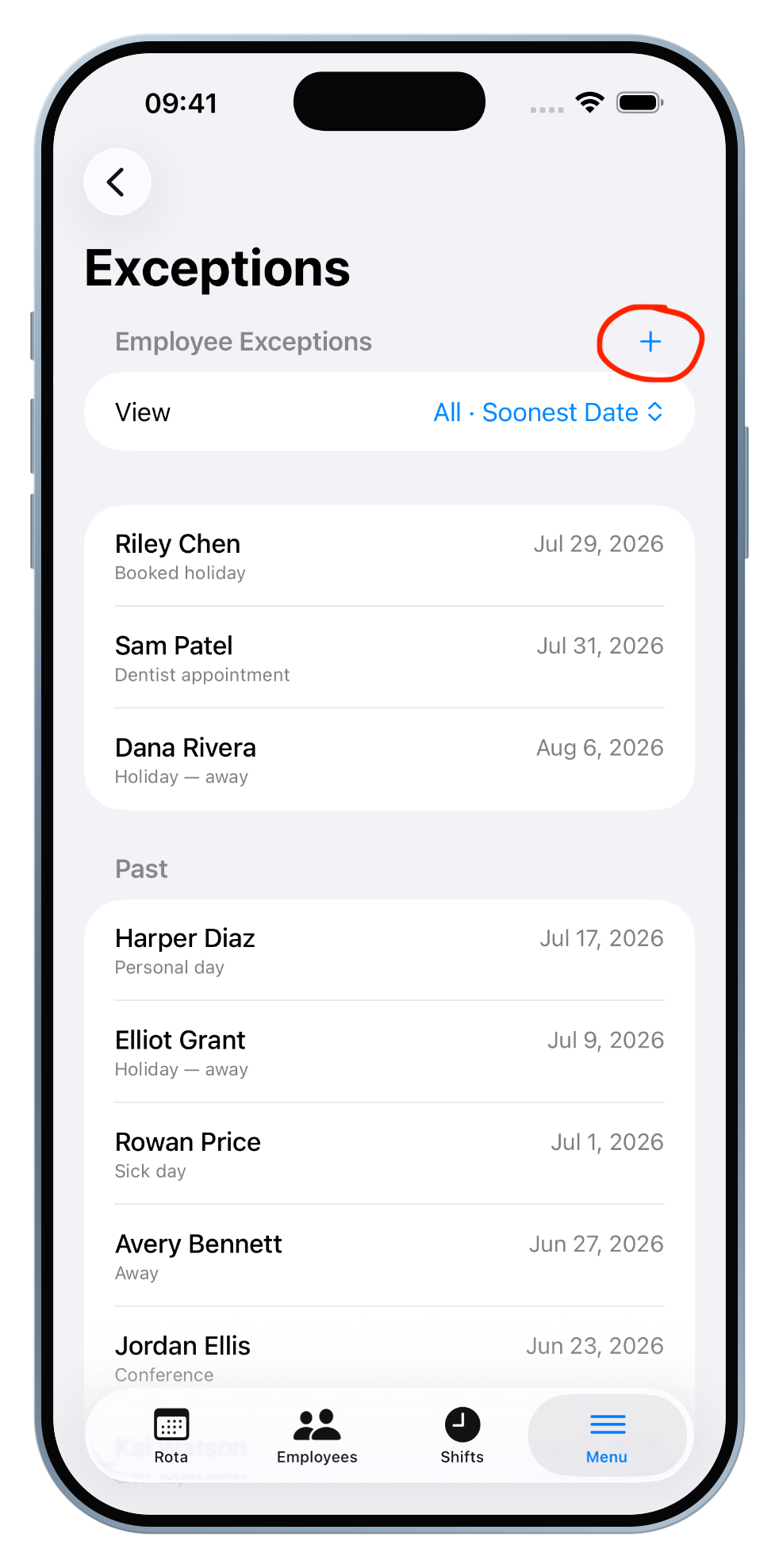 Tap the plus button on the Exceptions screen to add a new one.