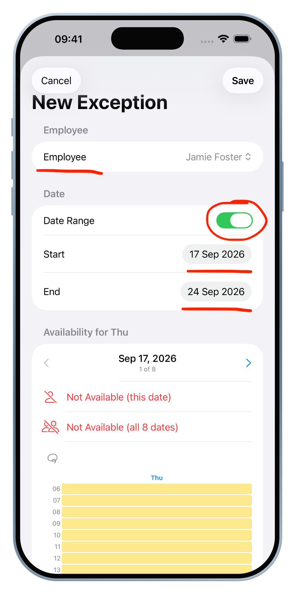 Select the Employee, then switch on Date Range and set the Start and End dates.