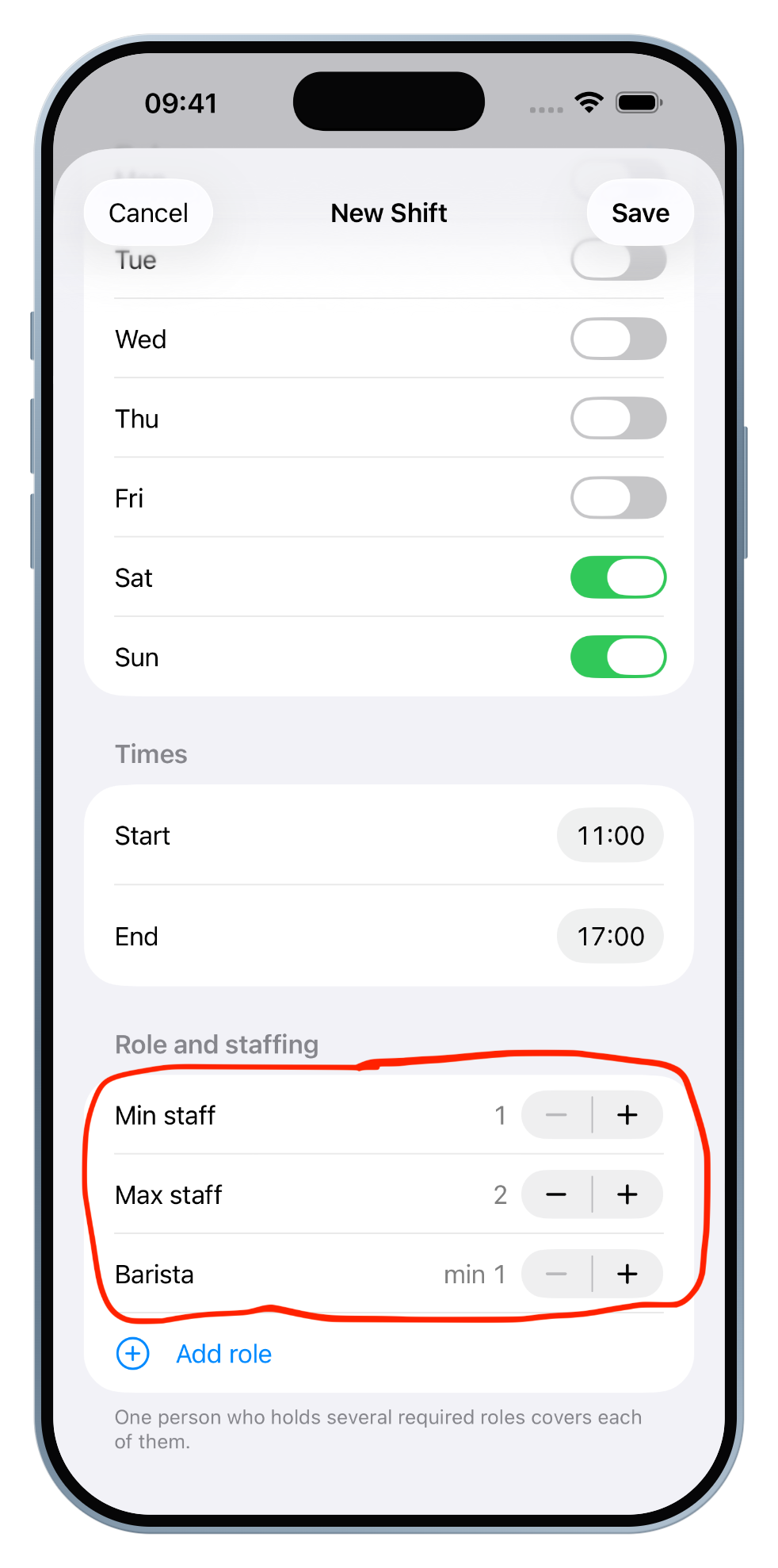 Set Min and Max staff and add role requirements like Barista, then tap Save.