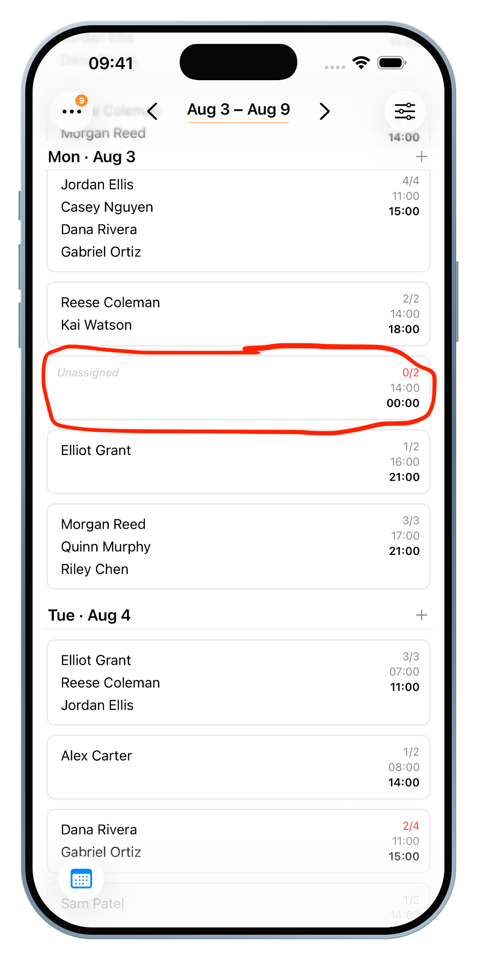 A new Unassigned 0/2 shift appears at 14:00–00:00; tap it to open the shift editor.