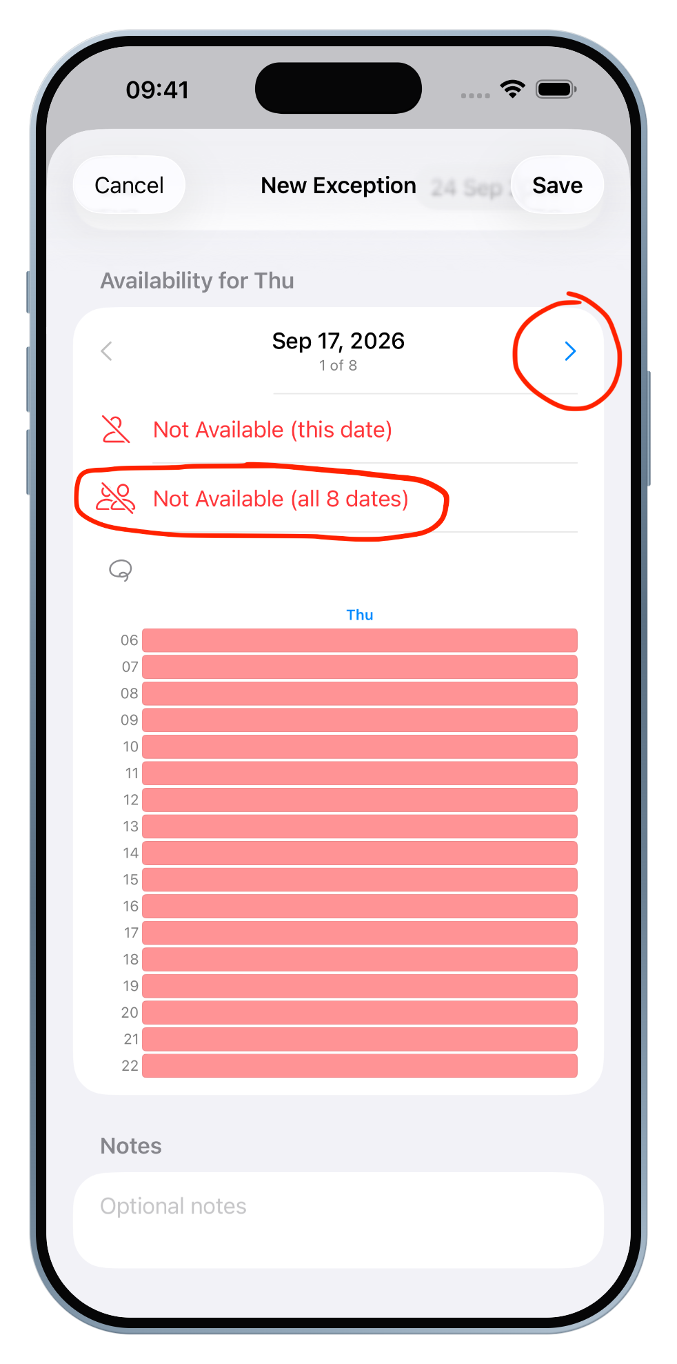 Tap “Not Available (all 8 dates)” to mark the whole trip as unavailable.