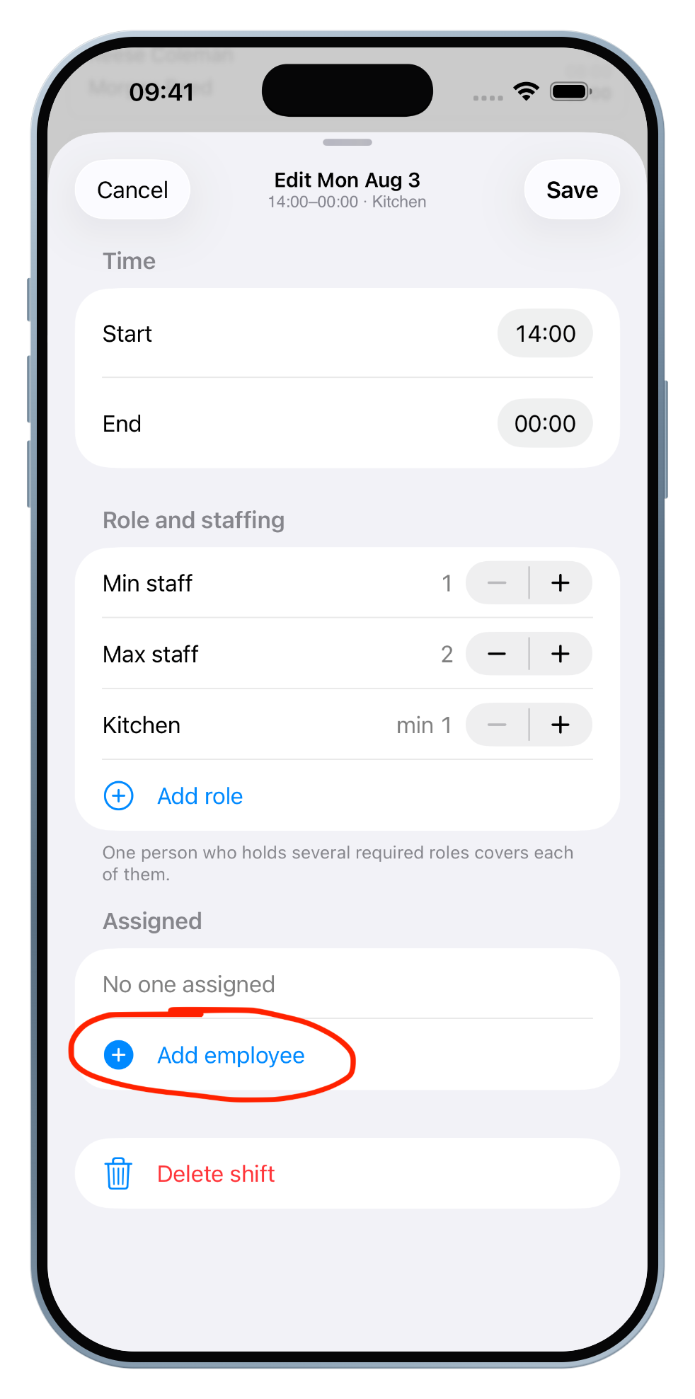 Scroll down to Assigned and tap Add employee to staff the new shift.
