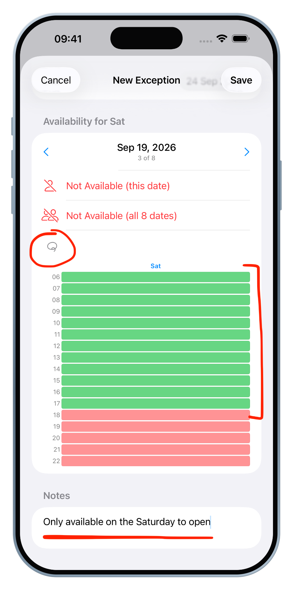 Scroll to a partial day, adjust the hourly grid, and add a note for the exception.