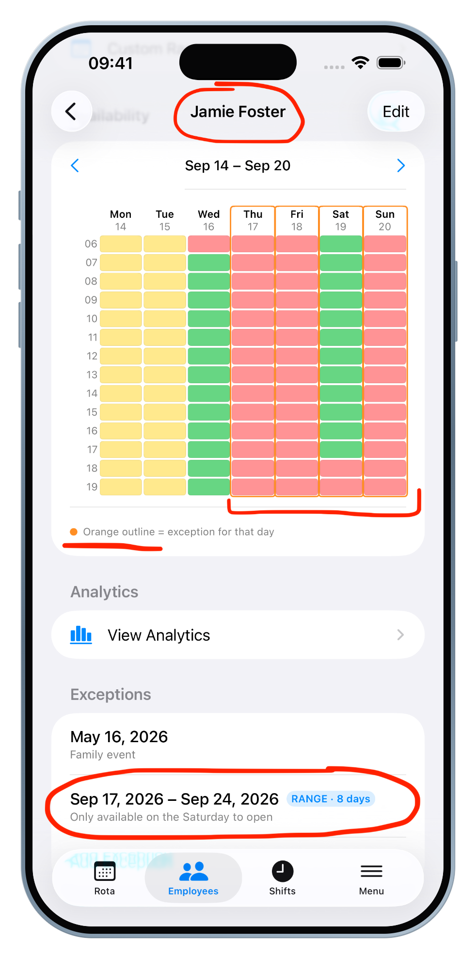 The employee's profile now lists the exception, outlined in orange on the weekly grid.