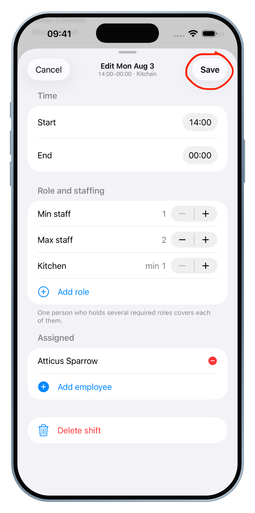 Atticus Sparrow appears under Assigned; tap Save to confirm the assignment.