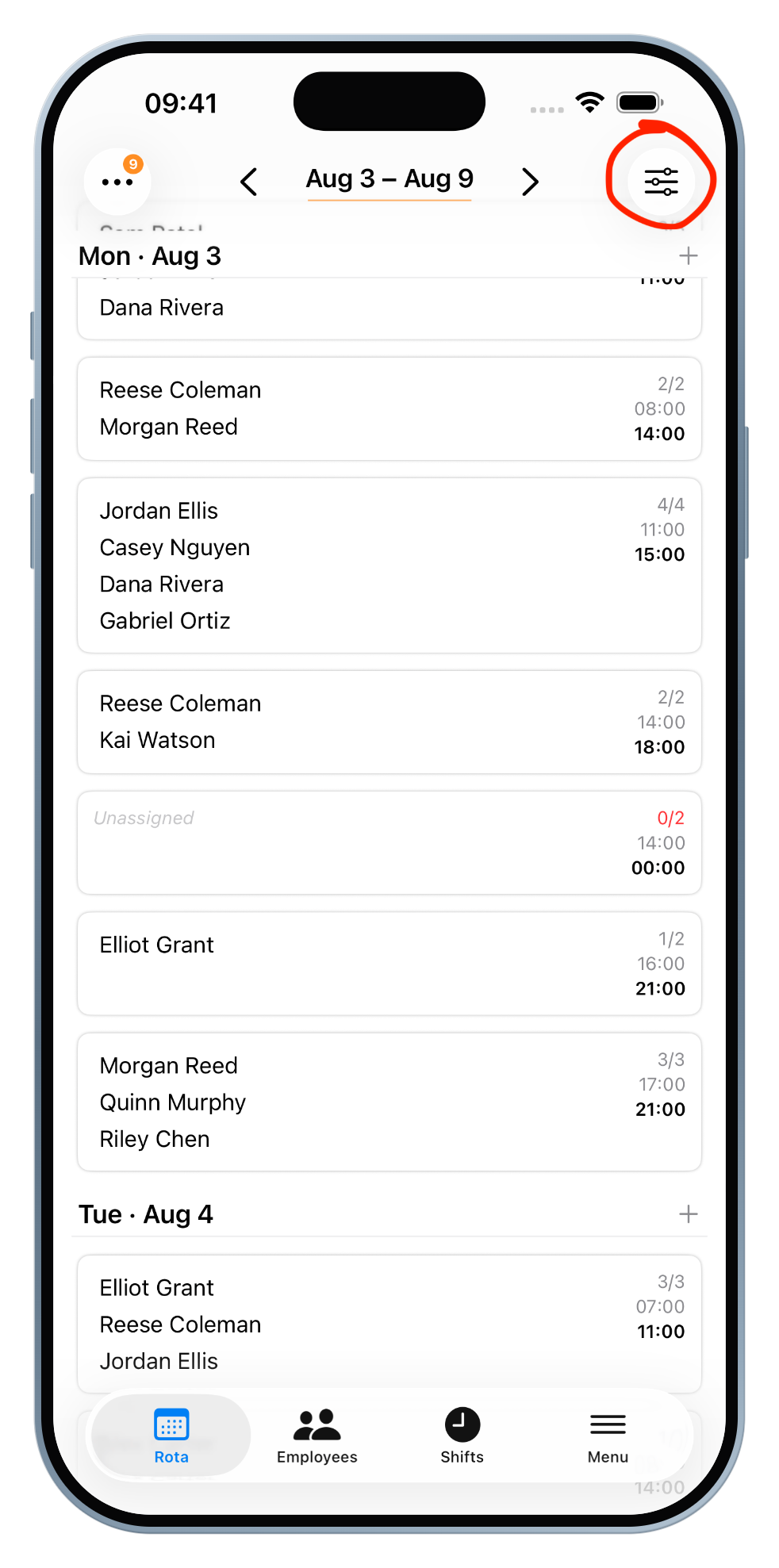 Back on the Rota, tap the sliders icon top right to open quick-edit mode.