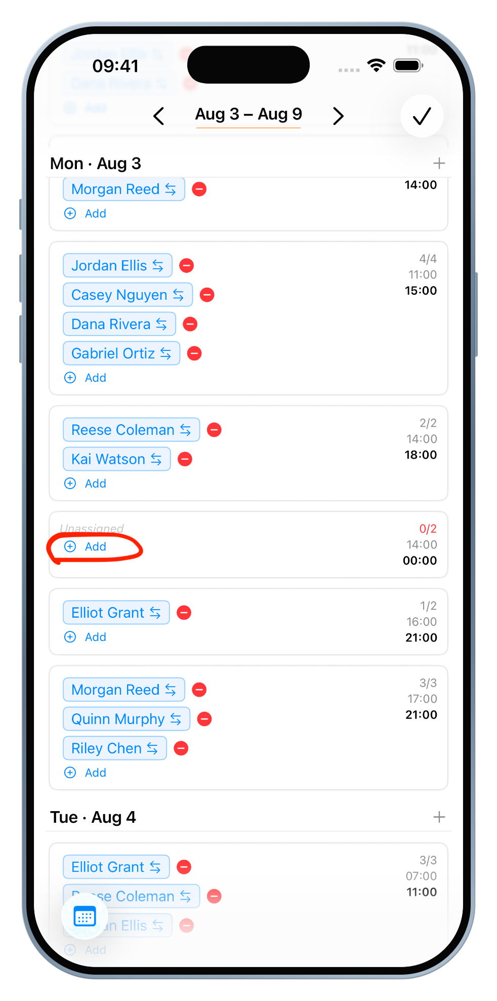 In quick-edit mode, tap Add under the Unassigned 0/2 shift to assign staff inline.