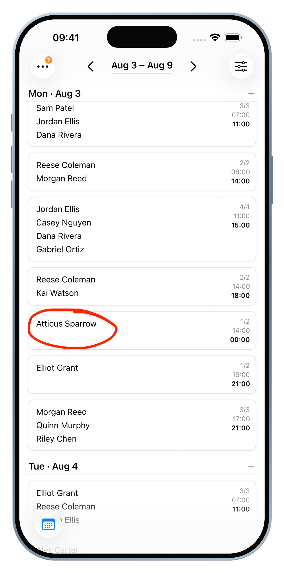 The finished Rota shows Atticus Sparrow on the new 14:00–00:00 shift on Mon Aug 3.